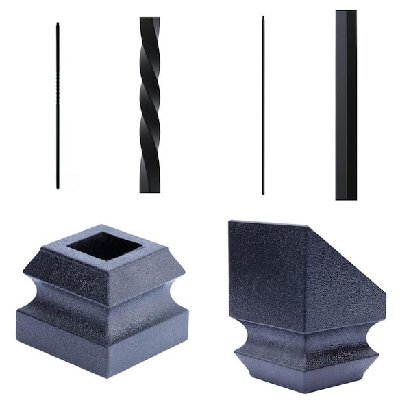 44 in. Matte Black Twist and Plain Iron Baluster (Each) with Slip N Grip Flat and Angle Shoe (Each)