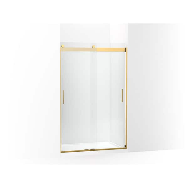 Levity 44-48 in. W x 74 in. H Sliding Shower Door in Vibrant Brushed Moderne Brass with 5/16 in. Crystal Clear Glass