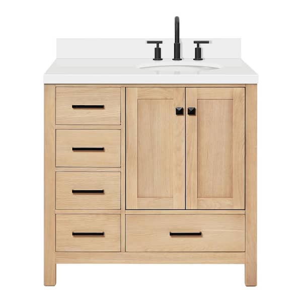 Cambridge 36 in. W x 22 in. D x 36 in. H Single Freestanding Bath Vanity in Oak with Pure White Quartz Top
