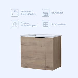 22.0 in. W x 13.0 in. D x 19.70 in. H Single Sink Wall Mount Bath Vanity in Brown with White Ceramic Top