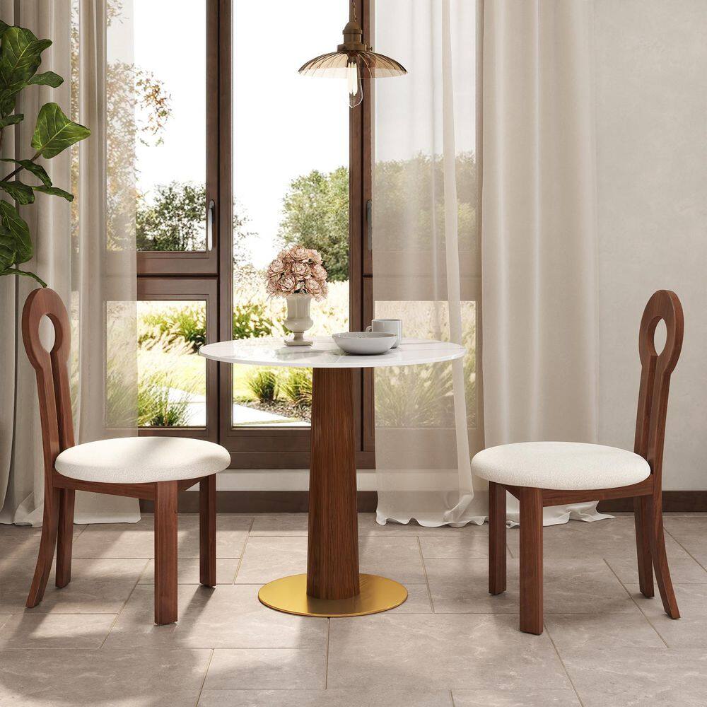 33 in. Modern Round White Sintered Stone Tabletop Dining Table with Solid Wood Pedestal (Seat 2)