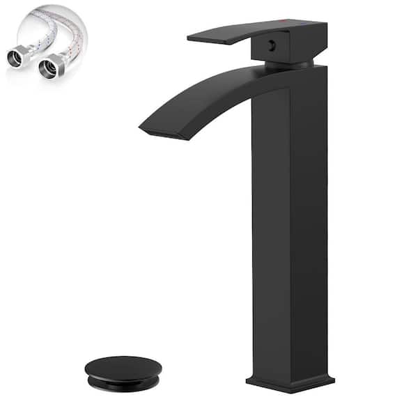 Single Hole Single Handle High Arc Bathroom Faucet With Pop Up Drain Without Overflow in Matte Black