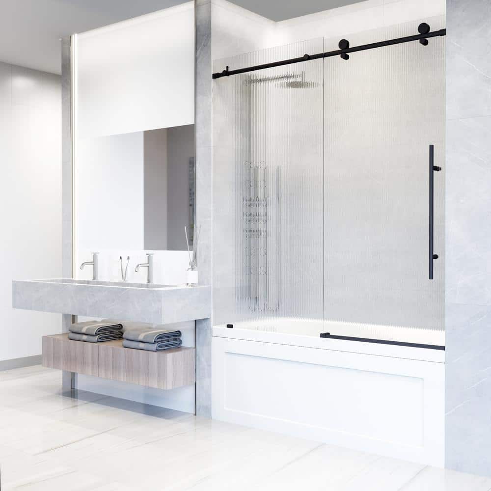 Elan E-Class 60" Matte Black Frameless Sliding Tub Door with Fluted Glass
