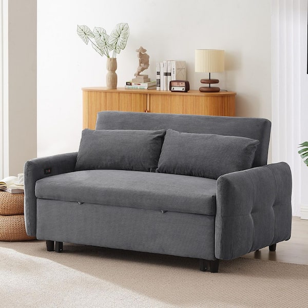 Caldor Modern 57.48 in. Dark Grey Corduroy Upholstered Loveseat Twin Size Pull-Out Sofa Bed with Pillows and USB Ports
