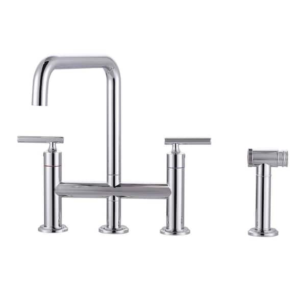 Double Handle Bridge Kitchen Faucet, Deck Mount Kitchen Sink Faucet with Side Sprayer in Polished Chrome