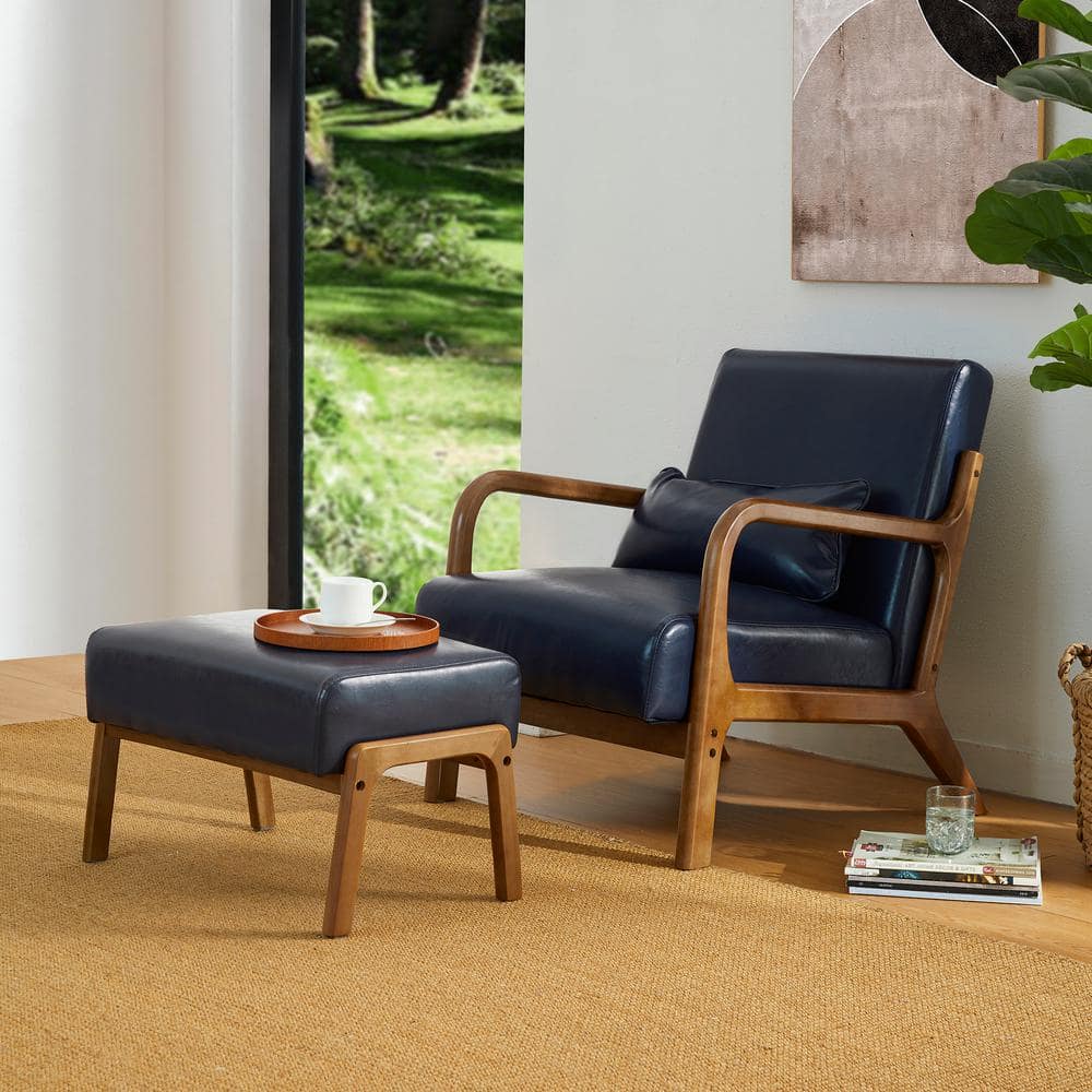 Set of 2 Navy Blue Leatherette Accent Chairs with Walnut Legs
