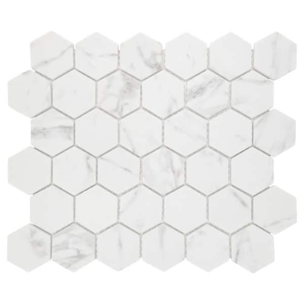 White Calacatta 11 in. x 10 in. Hexagon Recycled Glass Marble Looks Floor and Wall Mosaic Tile (8.33 sq. ft./Case)