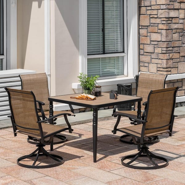 Black 5-Piece Metal and Textilene Square Outdoor Dining Set with Umbrella Hole, Wood-Grain Tabletop and Swivel Design