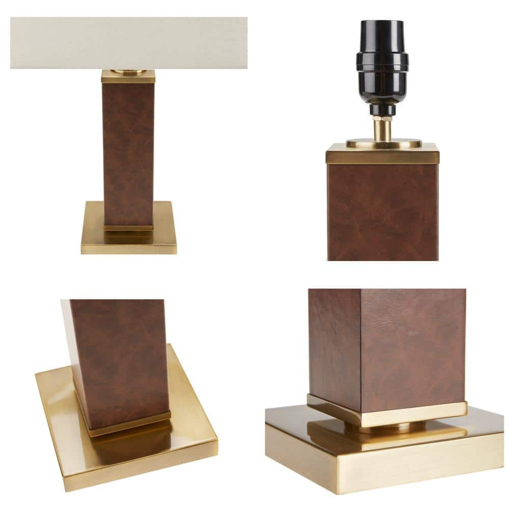 22" Brown Faux Leather Table Lamp with Gold Base and Ivory Shade