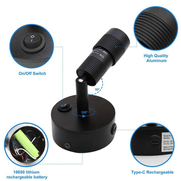 Lecoht 3.5 in. Black Battery Powered LED Spotlight Desk Task and