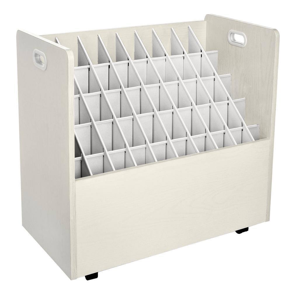 White Mobile Particle Board Roll File Storage Organizer with 50 Compartments