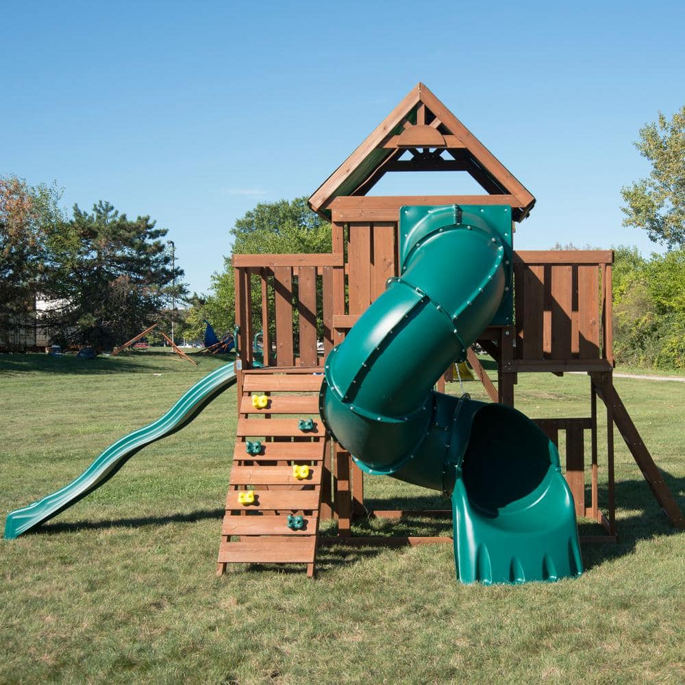 Denali Tower Wooden Playset with Green Slides and Swings