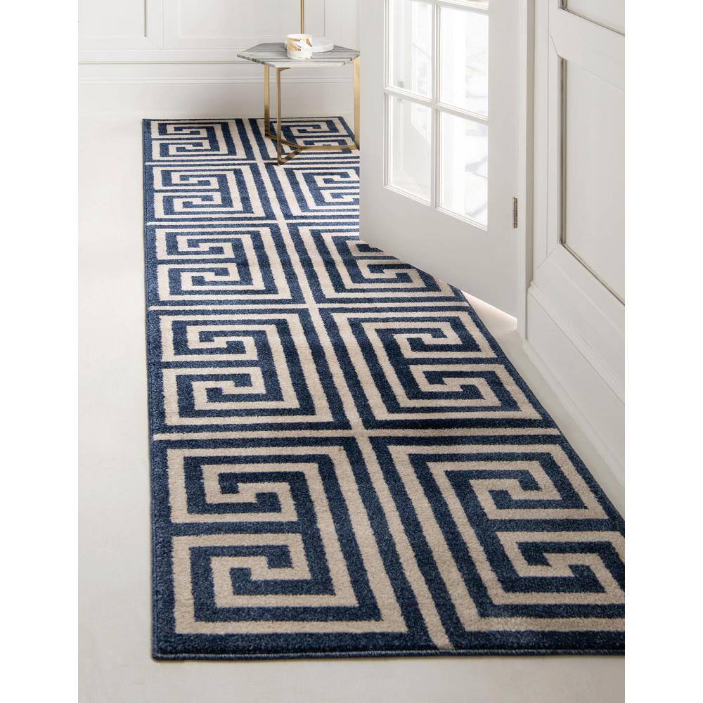 Navy Blue Geometric Stain-Resistant Synthetic Runner Rug