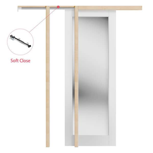 30 in. x 80 in. White Primed Solid Wood Both Sides Full Lite Mirrored Glass Pocket Door with Soft Close and Hardware