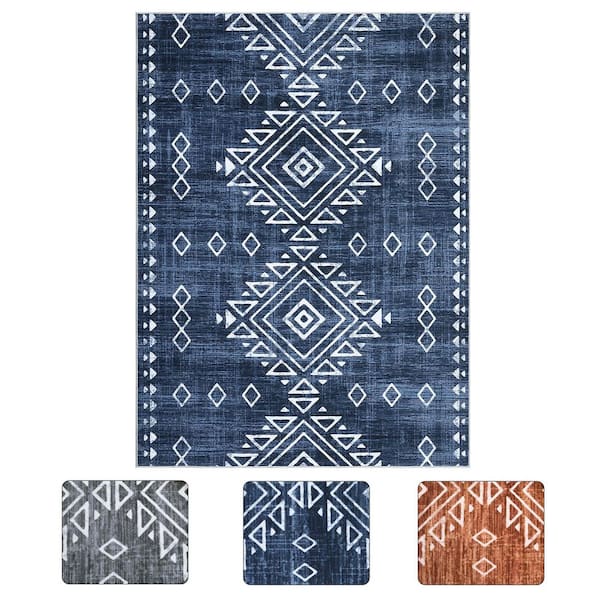 Blue 5x7ft Geometric Retro Corridor Strip Carpet Tribal Style Distressed Area Rug