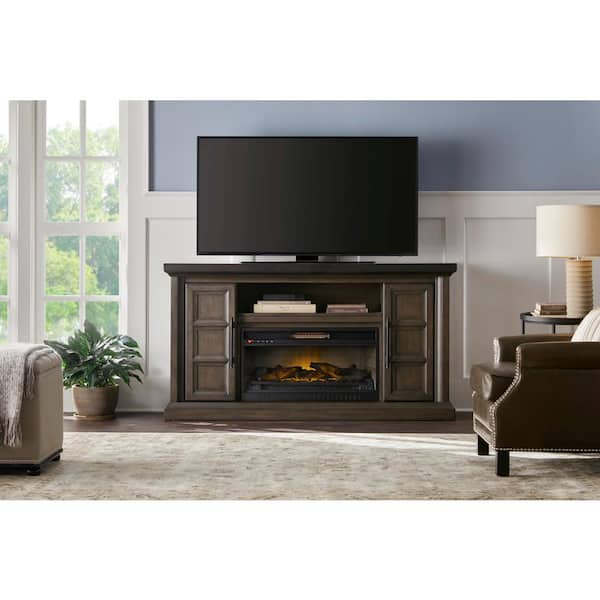 Home Decorators Collection Halwell 63 in. Media Console Infrared Electric Fireplace in Warm Brown with Espresso Top