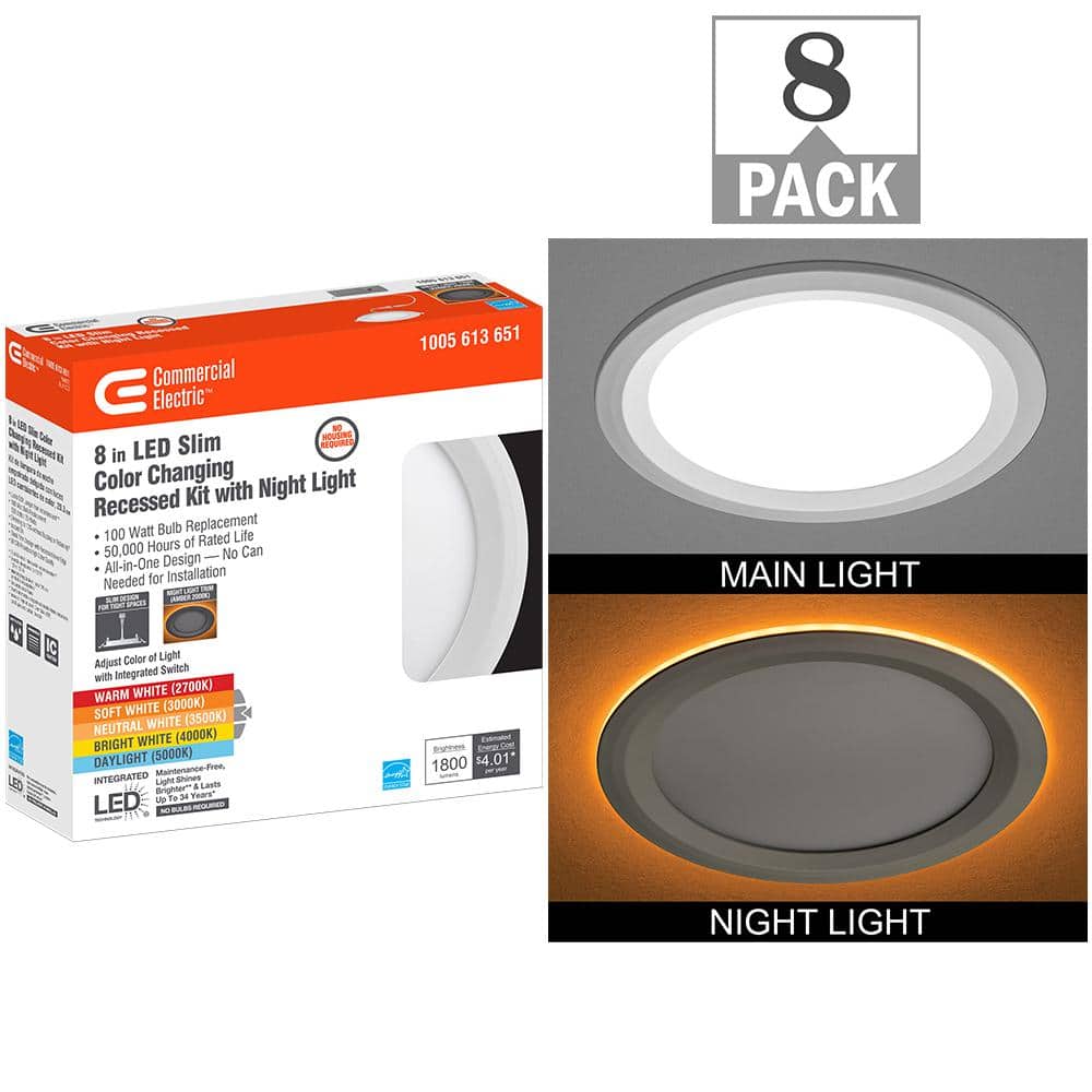 Commercial Electric Ultra Slim 8 in. Canless Selectable CCT Integrated Recessed Light Trim with Night Light Feature 1800 Lumens (8-Pack) 53829101-8PK - The Home Depot
