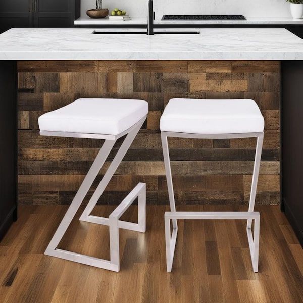 Armen Living Atlantis 26 in. Backless Bar Stool in Brushed Stainless Steel with White Pu upholstery