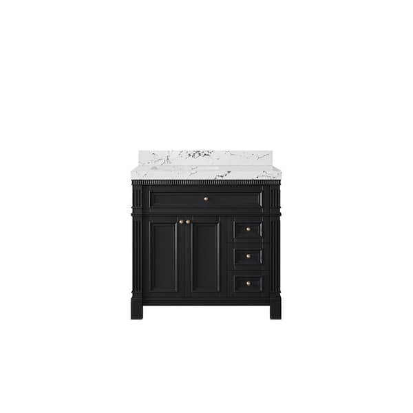 Willow Collections Paris 36 in. W x 22 in. D x 36 in. H Left Offset Sink Bath Vanity in Black with 2 in. Viola Night qt. Top