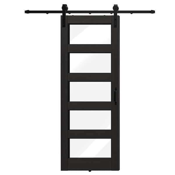 30 in. x 80 in. 5-Lite Clear Glass Panel Black PVC Covering MDF. Wood Barn Door Slab with Full Barn Door Kit Set