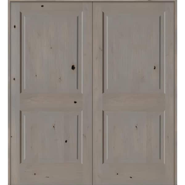 60 in. x 80 in. Rustic Knotty Alder 2-Panel Square-Top Universal/Reversible Grey Stain Wood Double Prehung Interior Door