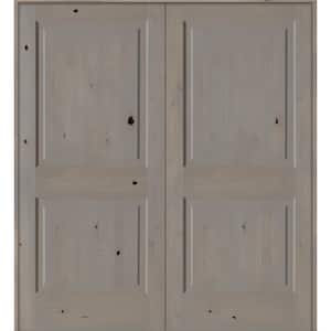 64 in. x 80 in. Rustic Knotty Alder 2-Panel Square Top Universal/Reversible Grey Stain Wood Double Prehung Interior Door