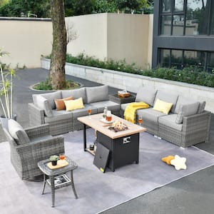Messi Gray 10-Piece Wicker Outdoor Fire Pit Patio Conversation Sofa Set with a Swivel Chair and Dark Gray Cushions