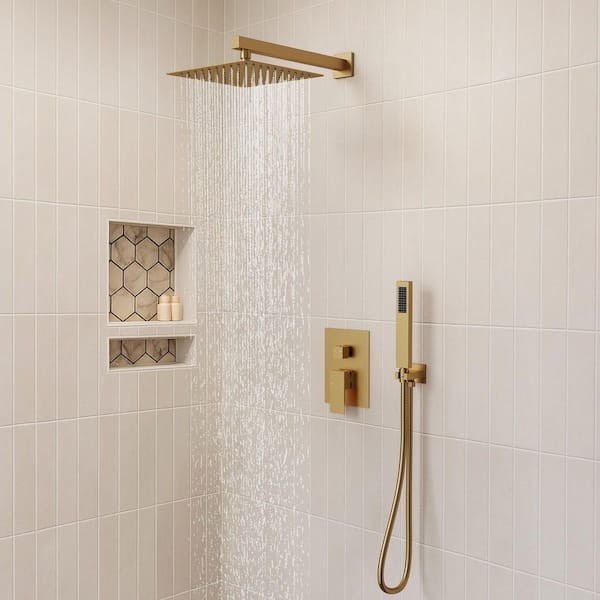 Single-Handle Rain 2-Spray Square 10 in. Dual Shower Head Fixed and Handheld Shower Head in Brushed Gold