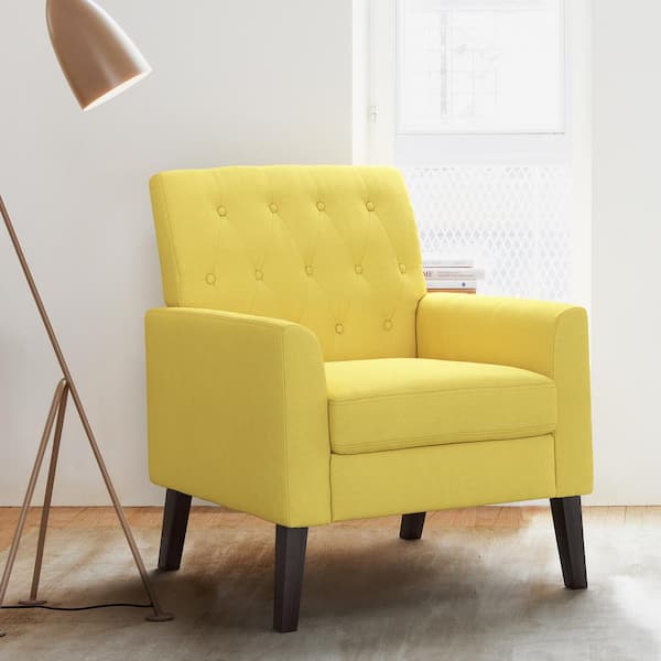 LUE BONA Linen and Walnut Legs Mid Century Modern Button Tufted Accent Chair