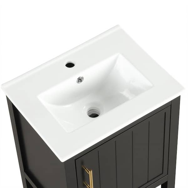 20 in. W Black Bath Vanity with White Ceramic Top, Soft Closing Door and Open Shelf