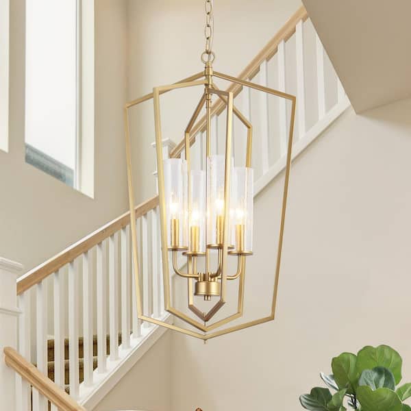 4-Light Gold Modern Cage Chandelier, Seeded Glass Island Pendant Light, DIY Linear Dining Room Pendant Hanging Light