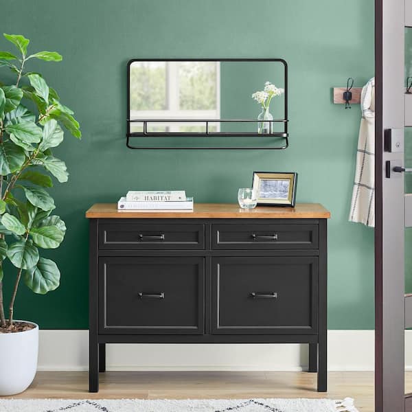30 in. W x 16 in. H Medium Modern Rectangular Black Framed Mirror with Shelf