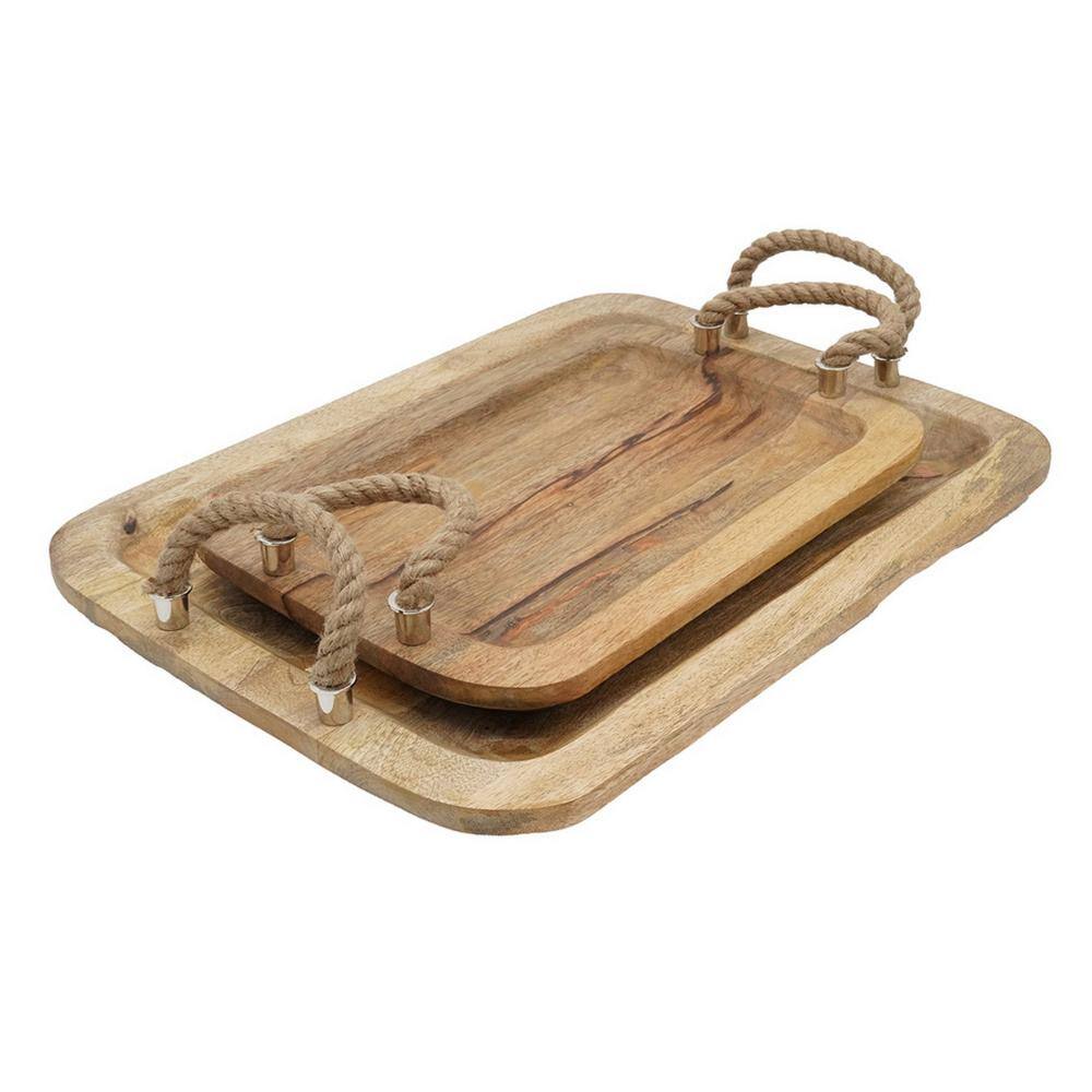 Rustic Brown Mango Wood Trays with Twisted Jute Handles, Set of 2