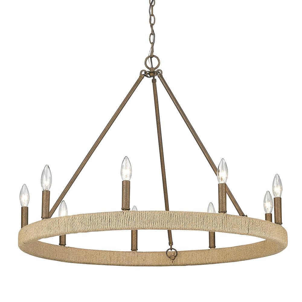 Burnished Chestnut 9-Light Bronze Candle Chandelier with Hemp Wrap