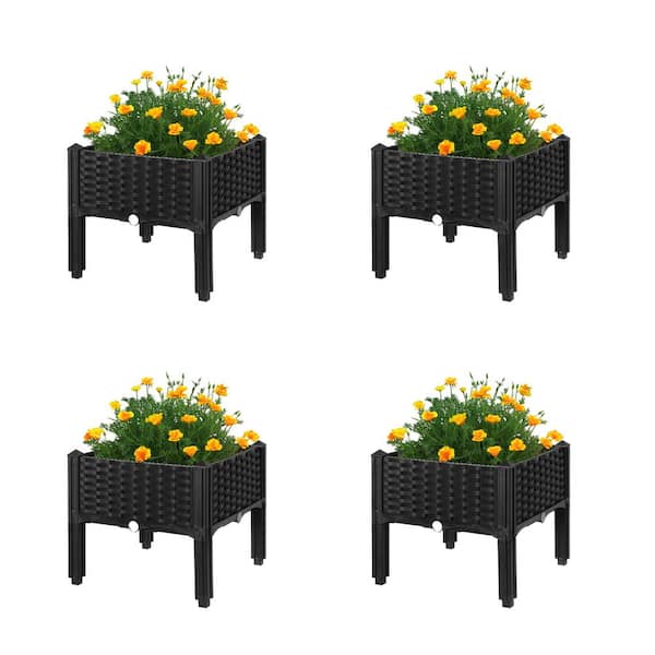 Gardenised Rattan Raised Garden Bed Flower Planter, (Set of 4)