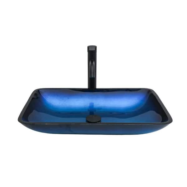 Amber Blue Gradient Tempered Glass Vessel Sink-Square Above-Counter Bowl with Pop-up Drain (No Faucet)