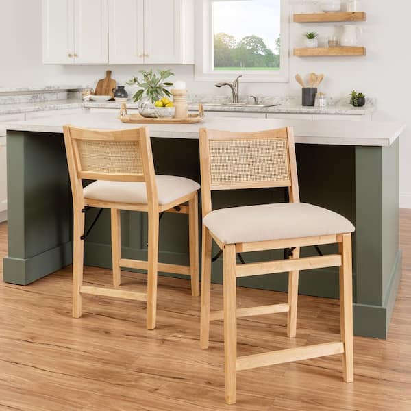Lewis Folding 26 in. Natural Full Back Wood Counter Stool with Fabric Seat