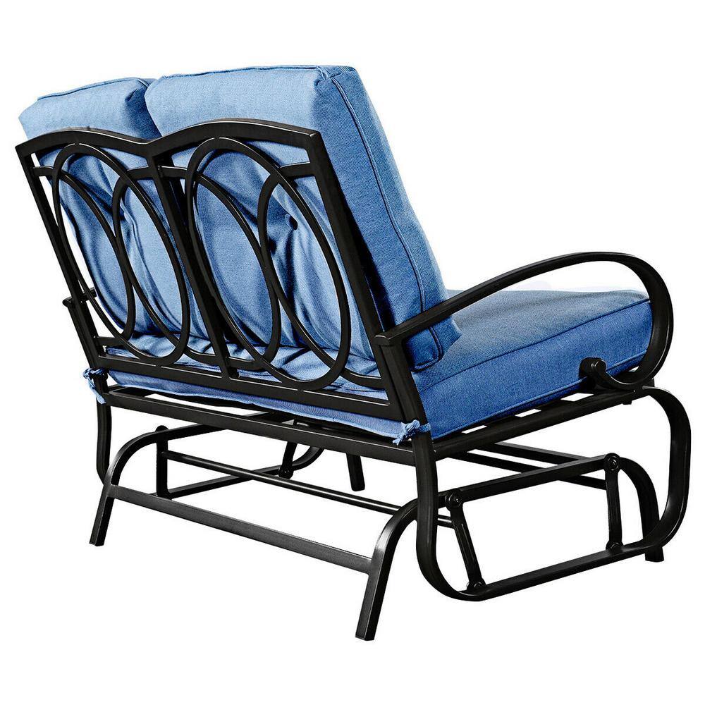 Blue Steel Outdoor Patio Rocking Bench Loveseat with Cushions