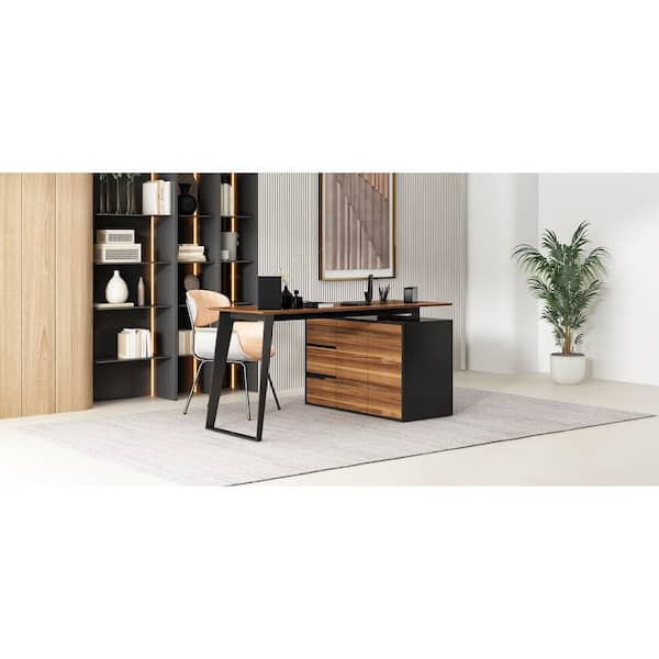 FUFU&GAGA 54.3 in. Reversible L-Shaped Brown Wood Computer FUFU&GAGA 54.3 in. Reversible L-Shaped Brown Wood Computer