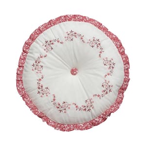 Caroline Red/Pink Floral Embroidered Polyester Filled 14 in. Round Pillow