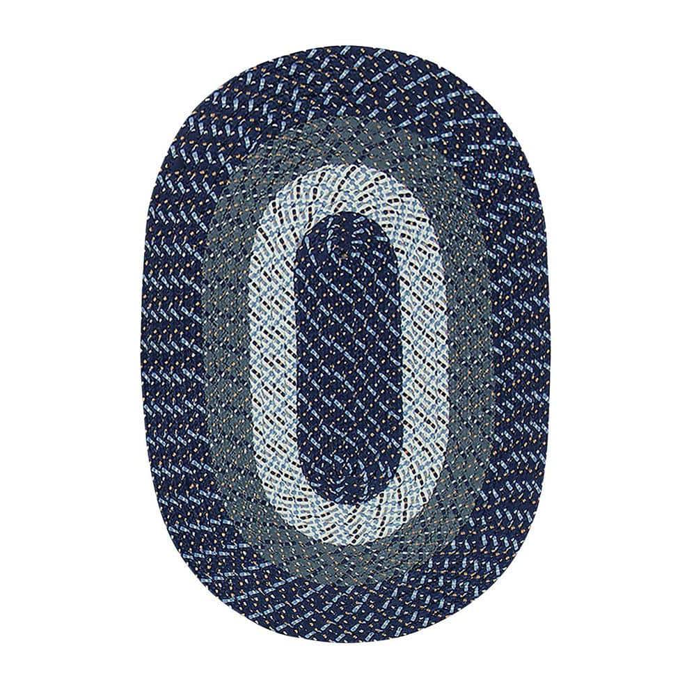 Dark Blue Stripe Oval Braided Reversible Synthetic Area Rug
