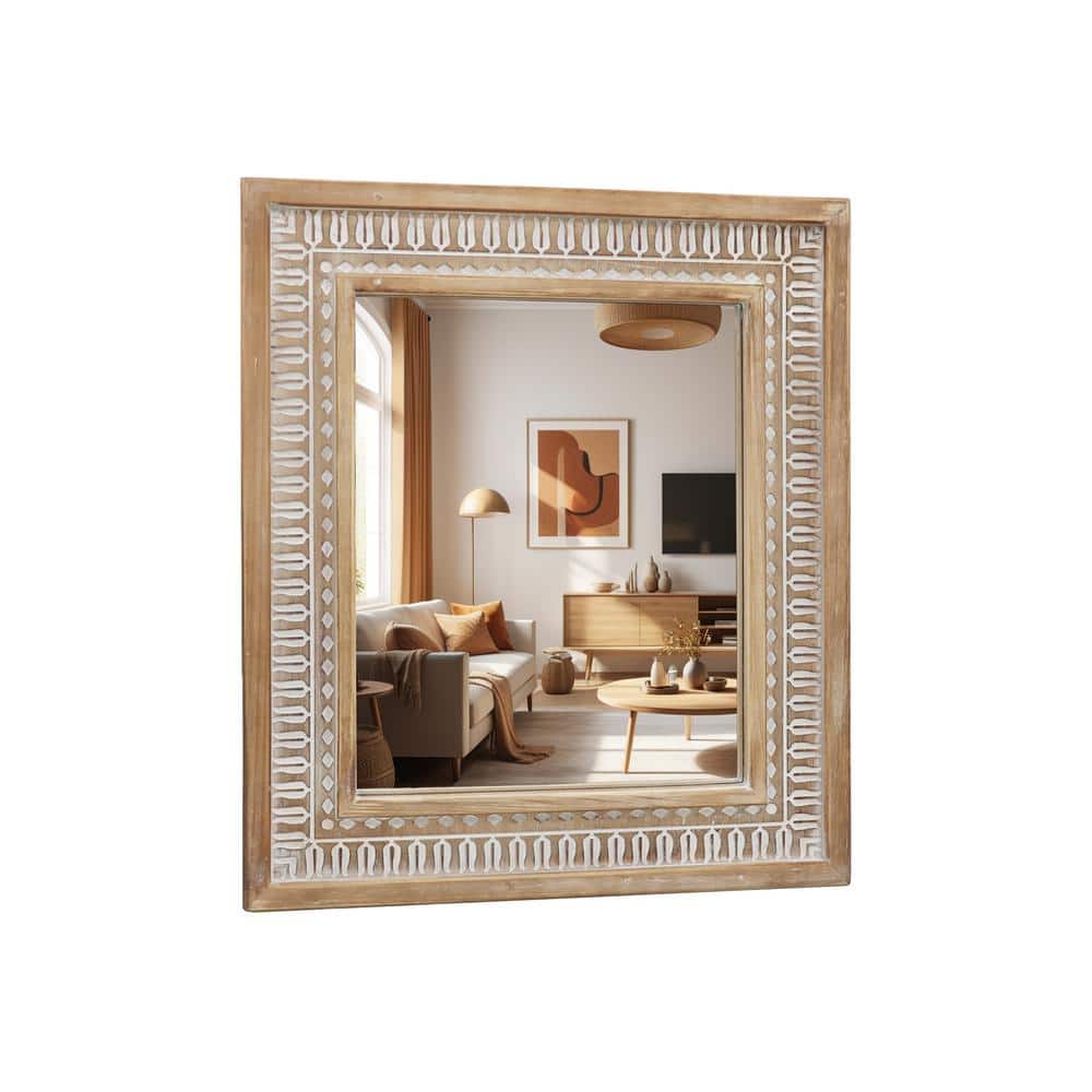 Medium Brown and White Carved Wood Farmhouse Decorative Mirror