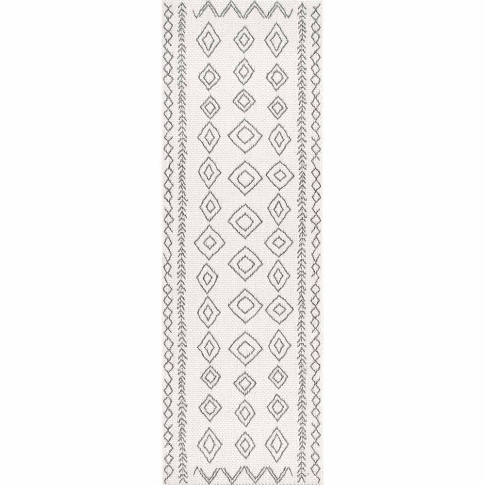 Ivory and Dark Grey Synthetic Geometric Runner Rug, 2' x 8'