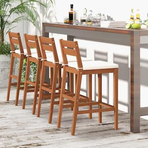 Patio Eucalyptus Wood Outdoor Bar Stools Set of 4 Bar Height Patio Chairs with Beige Cushions