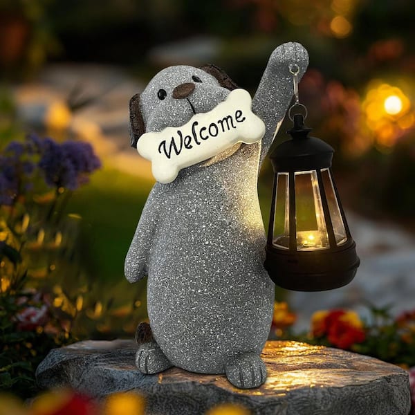 7 in. x 9 in. Resin Gray Dog Garden Statue with Solar Lantern