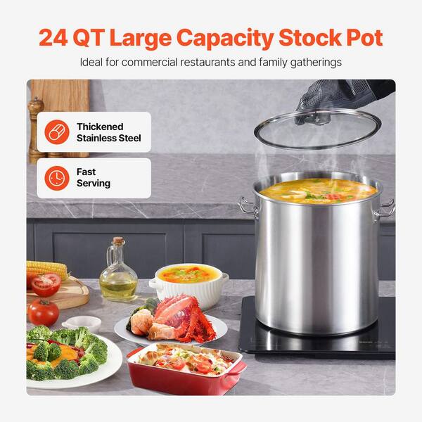 24 qt. Stainless Steel Stockpot, Commercial Grade Cooking Pot with Lid & Handle, Heavy Duty, Sanding Treatment