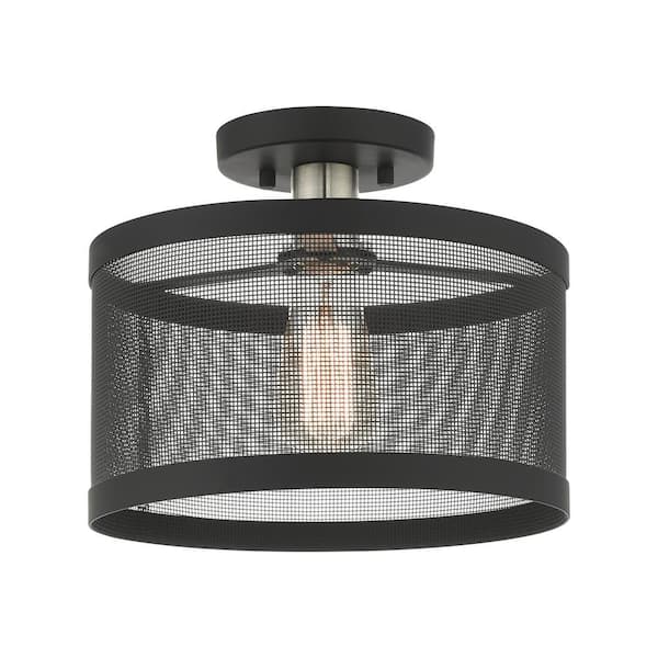 AVIANCE LIGHTING Ardsley 11 in. 1-Light Black Semi Flush Mount with Brushed Nickel Accents and Stainless Steel Mesh Shade