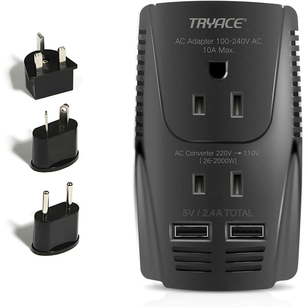 10 Amp 2000W 110v Travel Voltage Converter Step Down with 2 USB Port in Bla