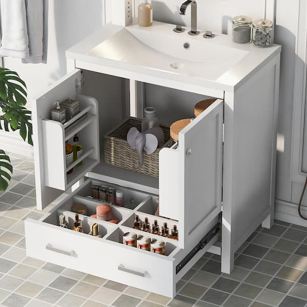 Unbranded 30 in. W x 18 in. D x 34 in. H Freestanding Bath Vanity in White with White Resin Top and with 2-Doors and Single Sink
