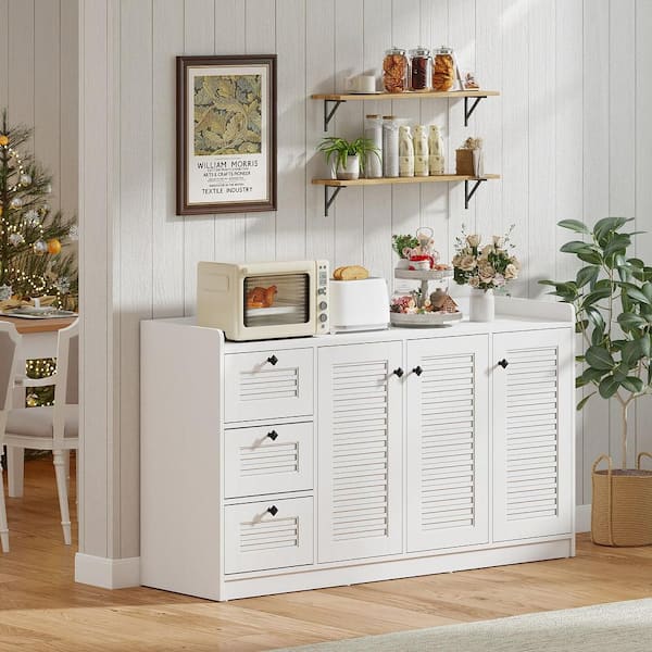 White 63 in. MDF Buffet Cabinet w/ Storage 3-Doors and 3-Drawers Anti-Tipping Kits